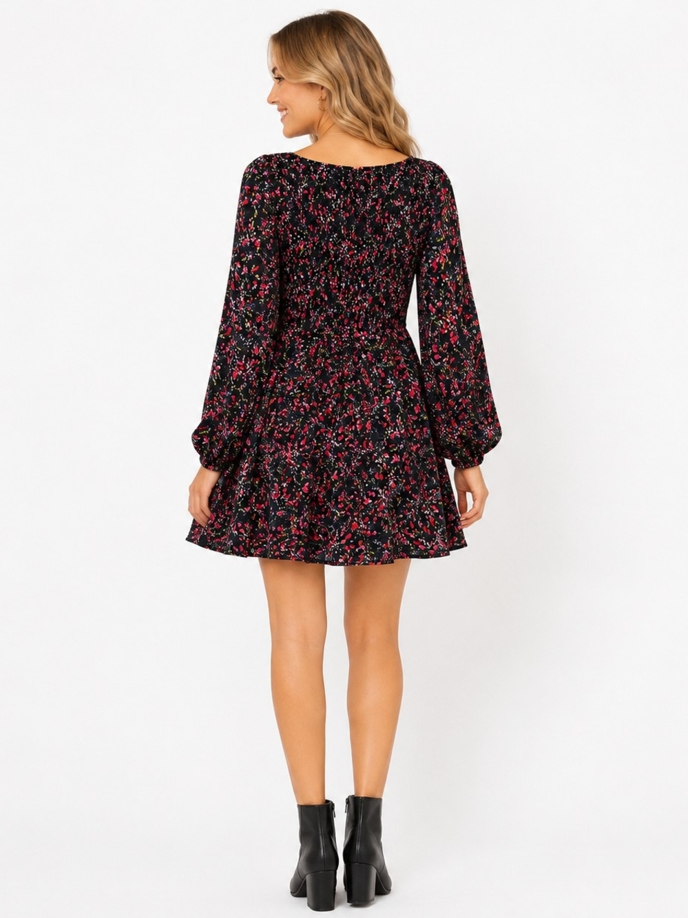 French Connection Black Floral Smocked Mini Dress with Pink Accents Fit & Flare - Picture 2 of 7